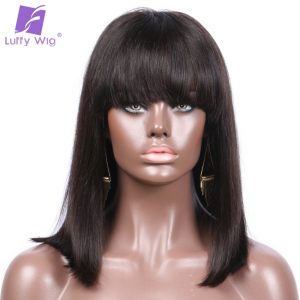 Luffy Short Straight Lace Front Wigs with Bangs Indian Human Hair Bob Natural Color Non-Remy 8-16'' 130denisty for Black women