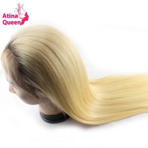 Atina Queen Straight 1b 613 Glueless Full Lace Wigs Remy Human Hair with Baby Hair Ombre 4 613 Dark Roots Blonde for Black Women