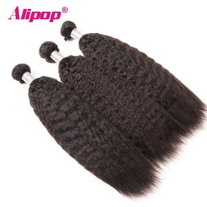 ALIPOP Kinky Straight Hair Brazilian Hair Weave Bundles Remy Human Hair Bundles Yaki Hair Extension Natural Black Color