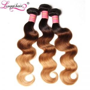 Longqi Hair T1B/4/27 Ombre Brazilian Hair Weave Bundles Body Wave 3 Tone Black Brown Blonde Human Hair Weft 16-26 Inch Non-Remy