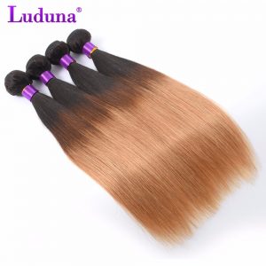 Luduna Ombre Brazilian Hair Straight Human Hair Extension Brazilian Hair Weave Bundles #1B/27 Two Tone Color Ombre Non-Remy Hair
