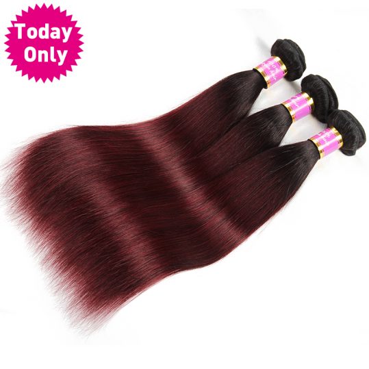 [TODAY ONLY] Burgundy Brazilian Straight Hair Ombre Human Hair Weave Bundles Two Tone 1b 99J Non Remy Hair Can Buy 3 or 4 Pcs