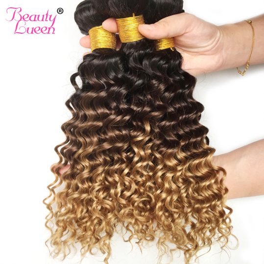 Beauty Lueen Brazilian Deep Wave Ombre Human Hair Bundles 3 Tone Blonde Hair Extension Non Remy Hair Weave Can Buy More Piece