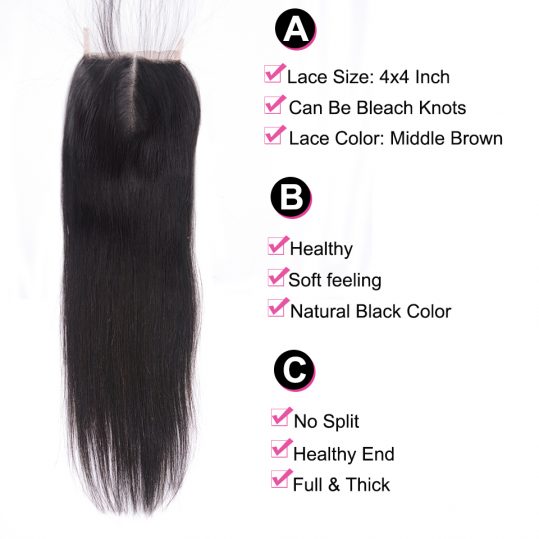 Beauty Grace Brazilian Straight Lace Closure 4x4 Remy 100% Human Hair With Baby Hair Middle Part Top Closures 1 Bundle
