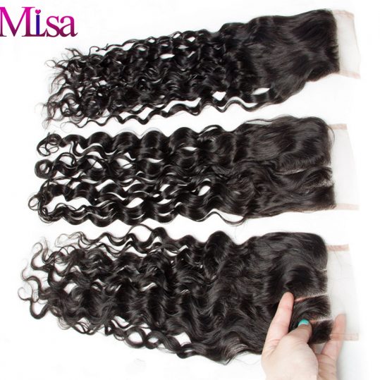 Mi Lisa Water Wave Closure with Bay Hair Three Way Part Remy Human Hair 4X4 Lace Closure Bleached Knots Natural Color Free Ship