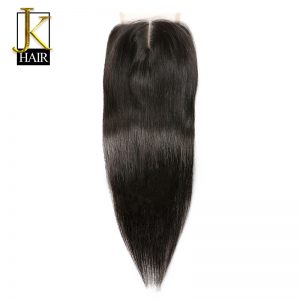 JK Lace Closure Remy Brazilian Straight Human Hair Closure 4 x 4 Middle Part 1 Bundle Pre Plucked With Baby Hair Bleached Knots