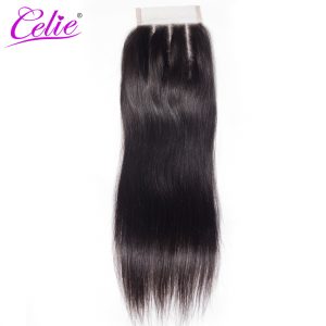 Celie Hair Brazilian Straight Hair Lace Closure Three Part Natural Black Color Remy Human Hair 4x4 inch Top Lace Closure