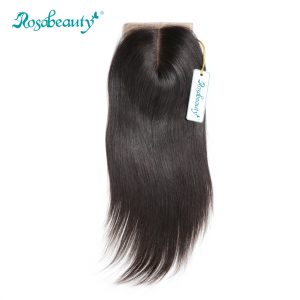 Rosabeauty Silk Base Closure Brazilian Straight Human Remy Hair 4X3.5 Siwss Lace with Bleached Knots Middle Part Style