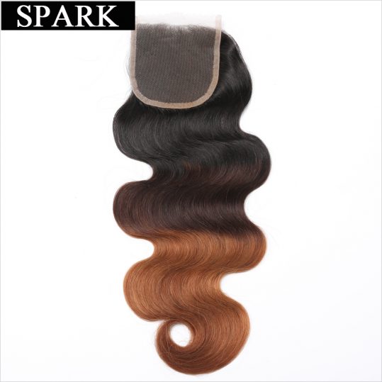Spark Body Wave Swiss Closure Brazilian Remy Human Hair 4''x4'' Free Part Closure Ombre Color 1b/4/30 Medium Brown 120% density