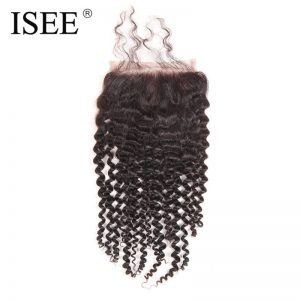 ISEE Remy Human Hair Kinky Curly Closure Hand Tied Lace Based  4"*4" Free Part Free Shipping