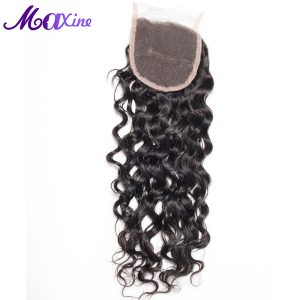 Maxine Hair Products Free Part Water Wave Lace Closure Remy Human Hair Piece Medium Brown Swiss Lace 130% Density Bleached Knots
