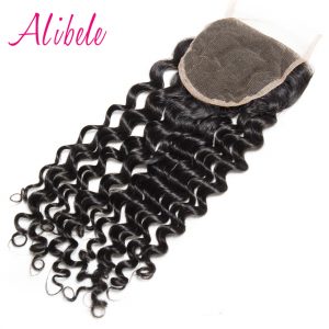 Alibele Brazilian Deep Wave Lace Closure 4x4", 1B# Remy Hair Top Closure 100% Human Hair Can Be Straightened 130% Density Thick