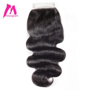 Maxglam Brazilian Remy Human Hair Body Wave Lace Closure 4X4 Lace With Baby Hair Bleached Knot Free Shipping