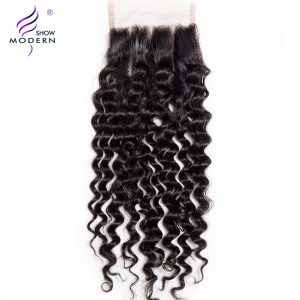 Modern Show Remy Hair 1Pcs 4"x4" Curly Lace Closure Three Part 130% Density Human Hair Weave Natural Black Color Free Shipping