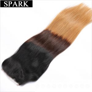 Spark Ombre Color 1B/4/27 3 Tone Brazilian Straight Hair Swiss Lace Closure 4''x 4'' Free Part Remy Human Hair Closure