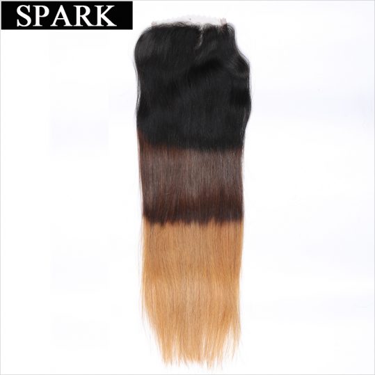 Spark Ombre Color 1B/4/27 3 Tone Brazilian Straight Hair Swiss Lace Closure 4''x 4'' Free Part Remy Human Hair Closure