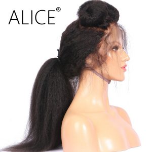 ALICE Kinky Straight Glueless Full Lace Human Hair Wigs Pre Plucked 130 Density 8-24 Inch Remy Hair Brazilian Wig Bleached Knot