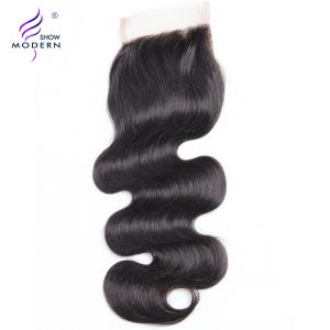 Modern Show Remy Hair 4x4 Body Wave Lace Closure With Baby Hair Free Part 130% Density Human hair Weave Natural Black Free Ship