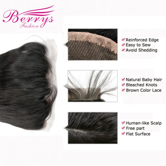 [Berrys Fashion]Straight Virgin Hair Lace Frontal Closure 13x6 Human Remy Hair Free Part Closure Natural Hairline with Baby Hair