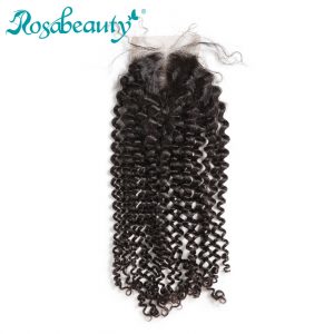 Rosabeauty Brazilian Kinky Curly Remy Hair Lace Closure 100% Human Hair Knots Bleached with Baby Hair Middle Part