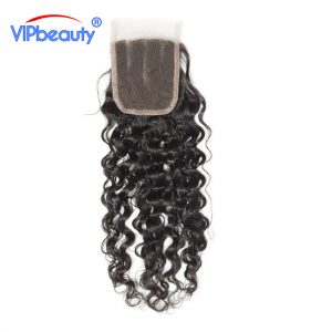 VIPbeauty Peruvian Water Wave Lace Closure Remy Hair 100% Human Hair Weave 4x4 Size Free Part Natural Color 1B 10-18 Inch