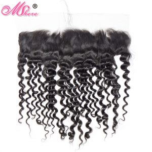 13*4 Ear to Ear Peruvian Deep Curly Lace Frontal with Baby Hair Mshere Remy Hair Pre Plucked Lace Closure Natural Black