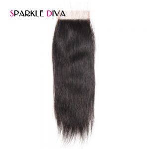[SPARKLE DIVA HAIR] Peruvian Remy Hair Straight Closure 100% Human Hair 4X4 Lace Closure with Baby Hair Natural Color 8-18Inch