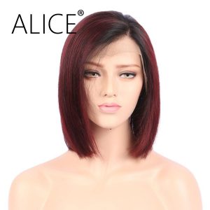 ALICE Glueless Short Red Ombre Straight Lace Front Bob Human Hair Wigs Peruvian Remy Wigs For Black Women No Tangle No Shedding