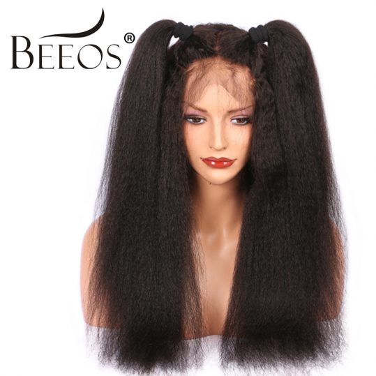 BEEOS 12-24" 250 Density Peruvian Full Lace Wig Human Hair With Baby Hair Remy Kinky Straight Wig For Black Women Bleached Knots