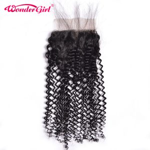 Wonder girl Kinky Curly Lace Closure With Baby Hair Natural Color 4x4 Peruvian Remy Hair 100% Human Hair Free Shipping