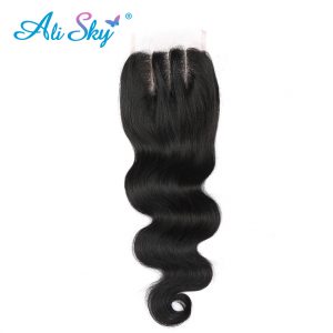 [Ali Sky] Hair Brazilian Body Wave Hair Lace Closure 4*4 Three Part Closure 100% Human Hair Shipping Free natural black  1b