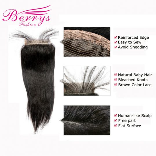 [Berrys Fashion] Lace Closure Straight Brazilian Virgin hair 4*4 Unprocessed Human Virgin Hair Free Part Closure With Baby Hair