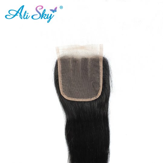 Ali Sky Hair Brazilian Straight Lace Closure Three Part 4x4 Swiss Lace Hand Tied 8-22 Inch 120% Density No Tangle can be dyed