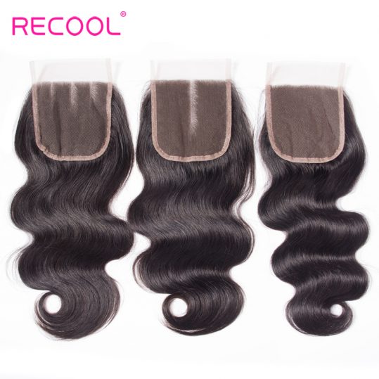 Recool Hair Brazilian Virgin Hair Body Wave Lace Closure Free Part 10-20 Inch 130% Density Natural Human Hair 4x4 Lace Closure