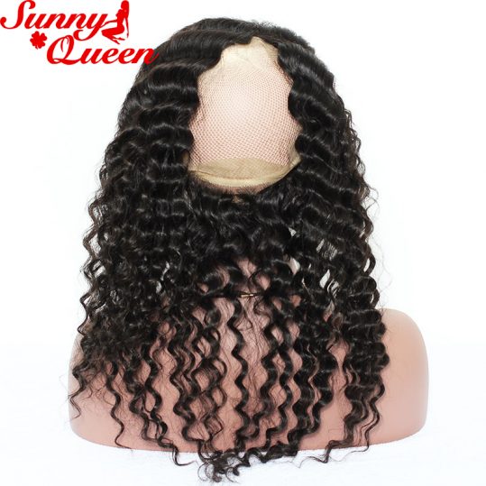 Deep Wave 360 Lace Frontal Closure Pre Plucked With Adjustable Band 10-20" Brazilian Virgin Hair Nature Color Sunny Queen