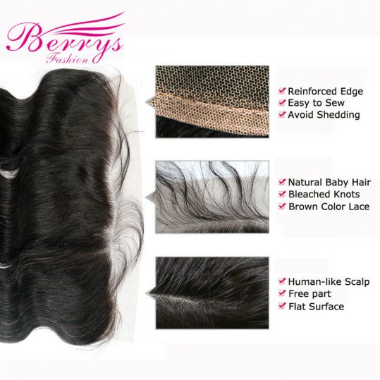 [Berrys Fashion] Brazilian Lace Frontal Virgin Hair 13x4" Body Wave Human Hair Extensions Free Part  Pre Plucked for Black Women