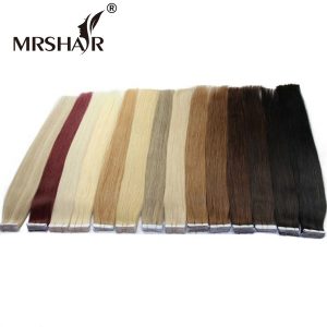 MRSHAIR Tape In Human Hair Extensions Non Remy 16" 18" 20" 22" 24" 20pcs Straight Brazilian Hair On Invisible Tape PU Skin Weft