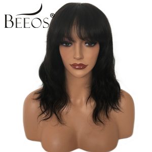 BEEOS Short Glueless Lace Front Human Hair Wigs With Bangs Wavy Brazilian Wigs For Black Women Non Remy Natural Black Color