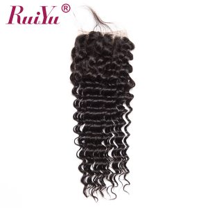 RUIYU Hair Brazilian Deep Wave Closure With Baby Hair 4"X4" Human Hair Lace Closure Bleached Knots Non Remy Hair Free Part