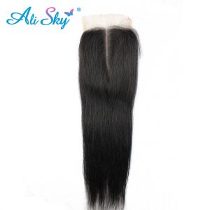 [Ali Sky]4*4 Middle Part Straight Brazilian Lace Closure Nonremy 100% Unprocessed human hair natural black 10"-22"inch