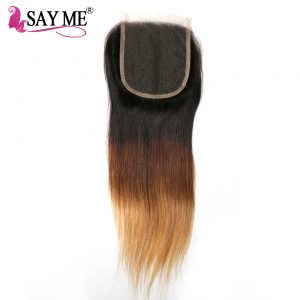 SAY ME Ombre Brazilian Straight Lace Closure T1b/4/27 Blonde Free Part 4x4 Ombre 3 Three Tone Non Remy Human Hair Closures