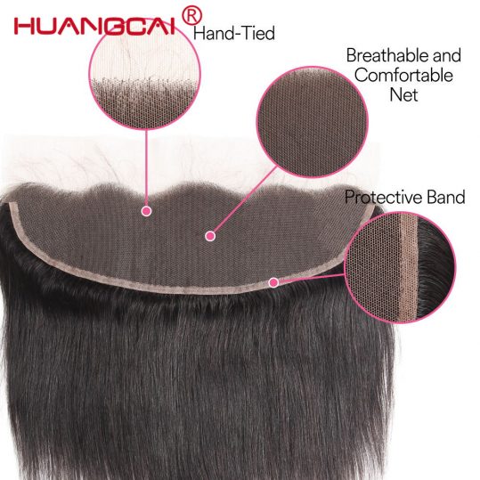 HuangCai Brazilian lace Frontal Closure Straight Human Hair 13x4 with baby hair One Bundle Ear To Ear Non Remy 8-18Inch