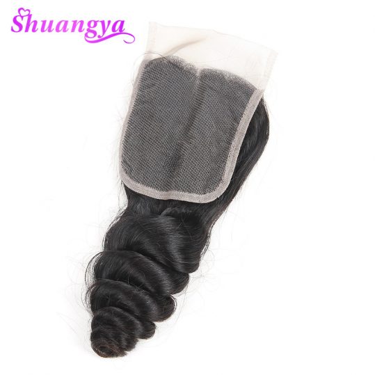 shuangya hair Brazilian loose wave lace closure free part 4*4inch swiss lace medium brown human hair natural black non-remy hair
