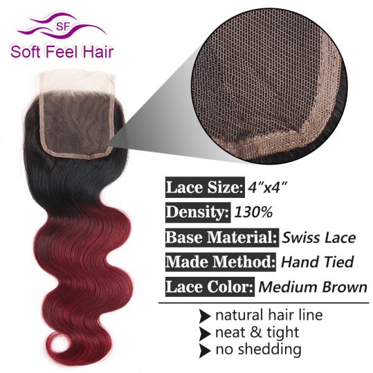 Soft Feel Hair Ombre Brazilian Body Wave Closure T1B/Burgundy Human Hair Lace Closure 99J Red Non Remy Hair Closure 10-22 Inches