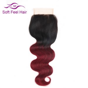 Soft Feel Hair Ombre Brazilian Body Wave Closure T1B/Burgundy Human Hair Lace Closure 99J Red Non Remy Hair Closure 10-22 Inches