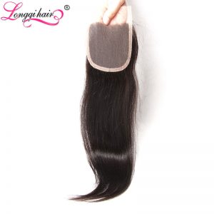 LONGQI HAIR 4x4 Free Part Brazilian Straight Lace Closure 120% Density Non-Remy Hair Natural Black Human Hair 10"-20"