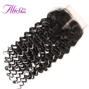 Alishes Curly Lace Closure With Baby Hair Middle Part Bleached Knots Swiss lace Non-Remy Brazilian Human Hair Free Shipping