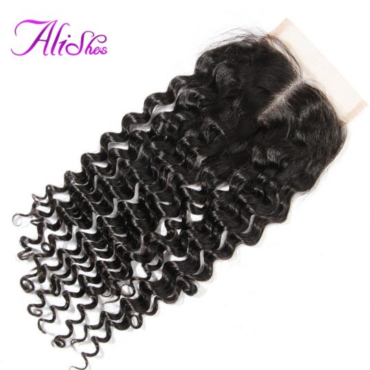 Alishes Curly Lace Closure With Baby Hair Middle Part Bleached Knots Swiss lace Non-Remy Brazilian Human Hair Free Shipping