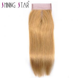 Honey Blond Brazilian Straight Hair Color 27 4*4 Swiss Lace Closure Middle Part 100% Human Hair Extension Shining Star Non Remy