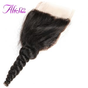 Alishes Hair Brazilian Loose Wave Closure Free Part 4x4 Lace Closure With Baby Hair Bleached Knots Non-Remy 100% Human Hair